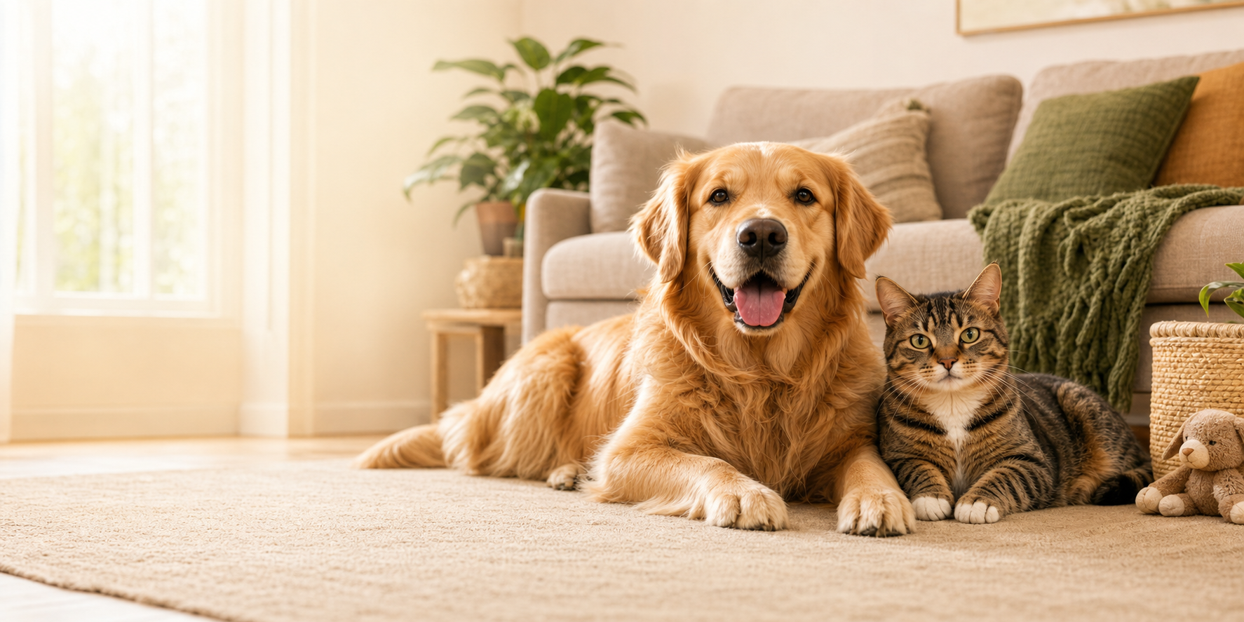 A dog and cat relaxing at home